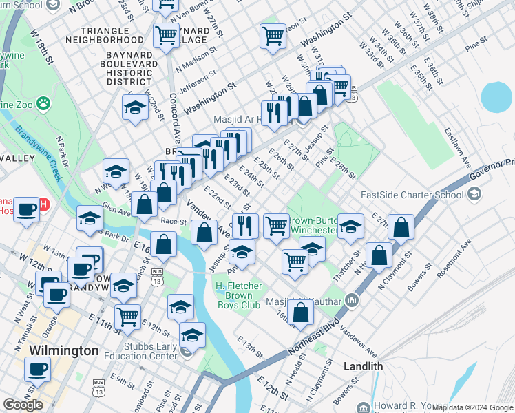 map of restaurants, bars, coffee shops, grocery stores, and more near 210 East 23rd Street in Wilmington
