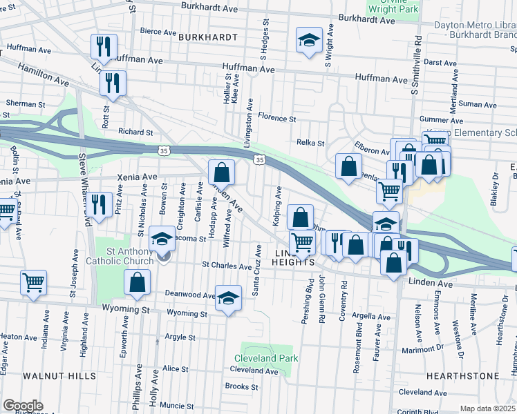 map of restaurants, bars, coffee shops, grocery stores, and more near 539 Santa Cruz Avenue in Dayton