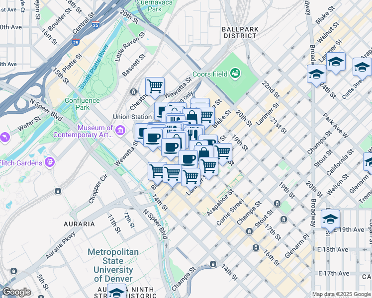 map of restaurants, bars, coffee shops, grocery stores, and more near in Denver