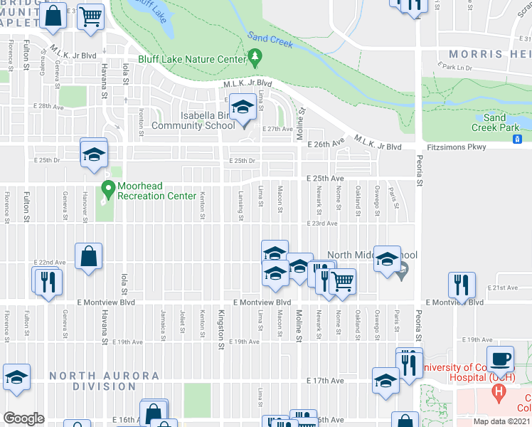 map of restaurants, bars, coffee shops, grocery stores, and more near 2316 Lima Street in Aurora