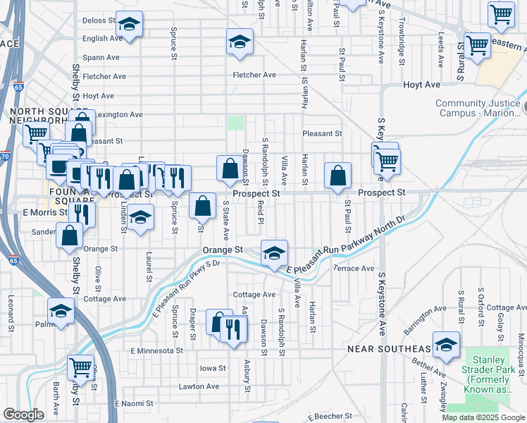 map of restaurants, bars, coffee shops, grocery stores, and more near 1127 Reid Place in Indianapolis