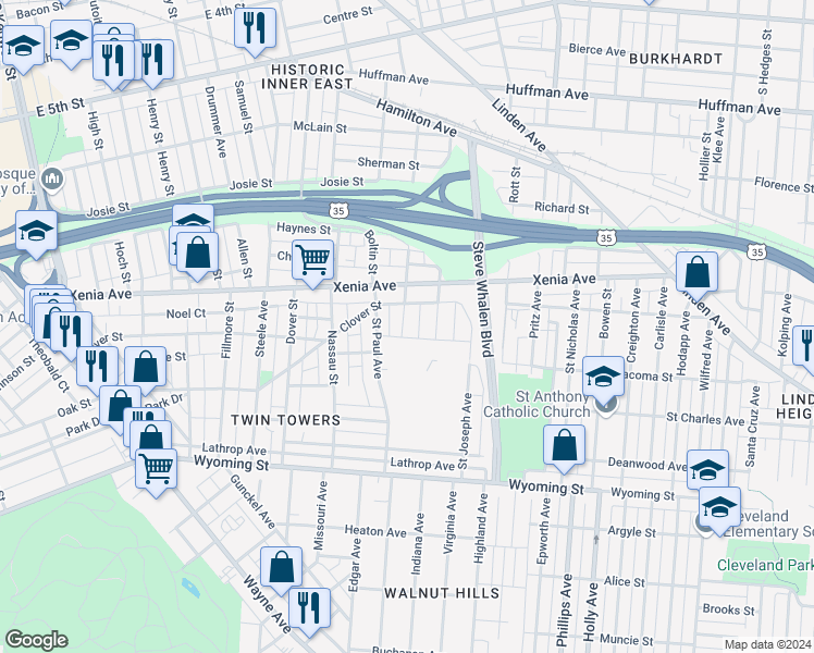 map of restaurants, bars, coffee shops, grocery stores, and more near 626 Hulbert Street in Dayton