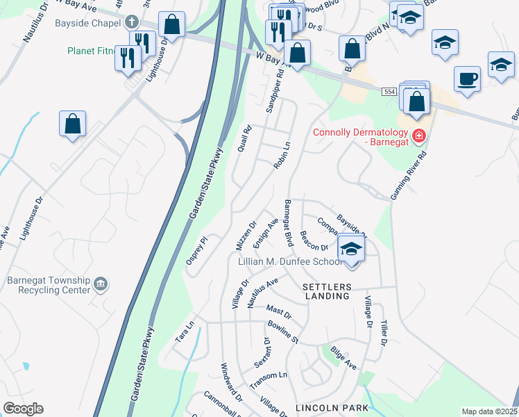 map of restaurants, bars, coffee shops, grocery stores, and more near 41 Mizzen Drive in Barnegat Township
