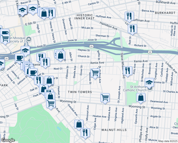 map of restaurants, bars, coffee shops, grocery stores, and more near 151 Nassau Street in Dayton