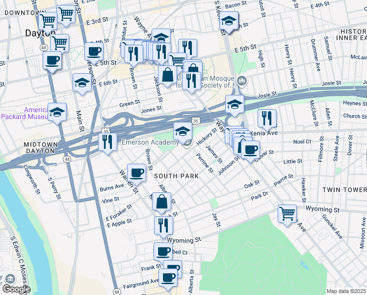 map of restaurants, bars, coffee shops, grocery stores, and more near 501 Hickory Street in Dayton