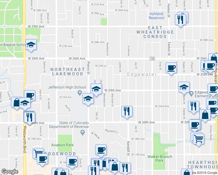 map of restaurants, bars, coffee shops, grocery stores, and more near 2408 Newland Street in Edgewater