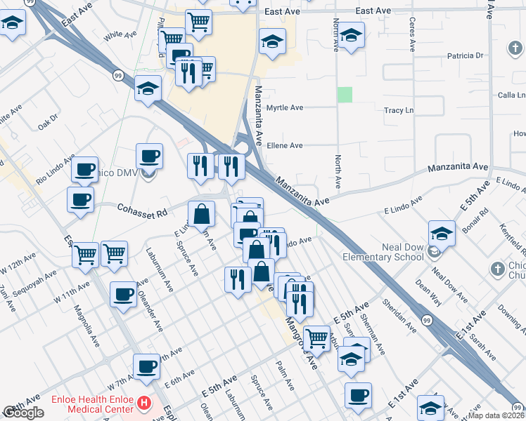 map of restaurants, bars, coffee shops, grocery stores, and more near 854 Manzanita Court in Chico