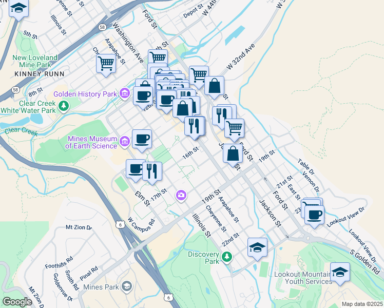 map of restaurants, bars, coffee shops, grocery stores, and more near 821 16th Street in Golden