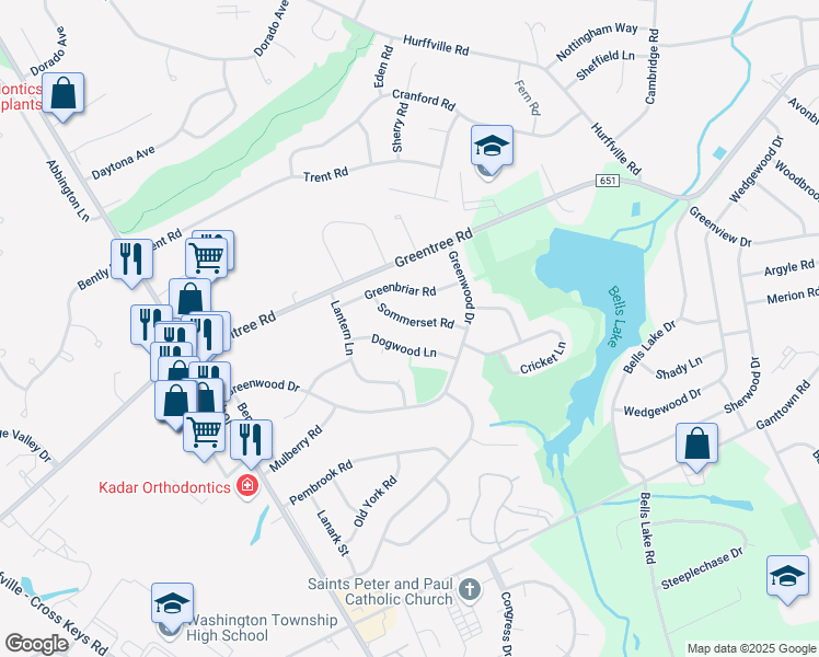 map of restaurants, bars, coffee shops, grocery stores, and more near 15 Sommerset Road in Washington Township