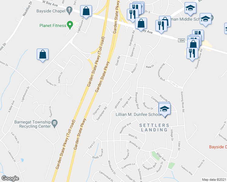 map of restaurants, bars, coffee shops, grocery stores, and more near 108 Robin Lane in Barnegat Township