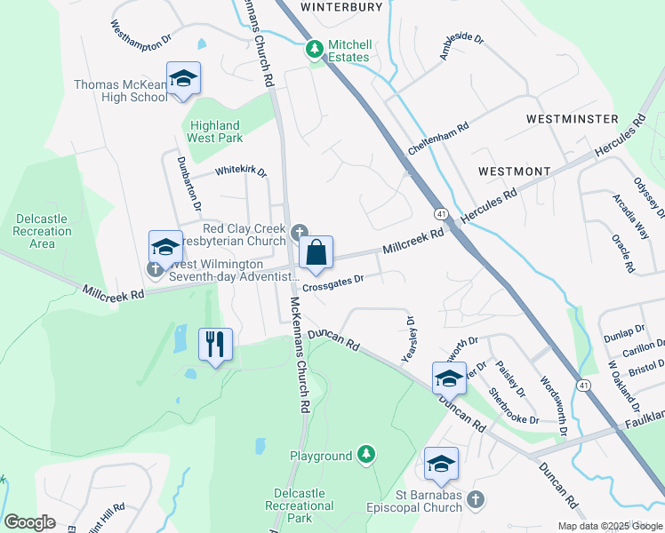 map of restaurants, bars, coffee shops, grocery stores, and more near 2616 Millcreek Road in Wilmington