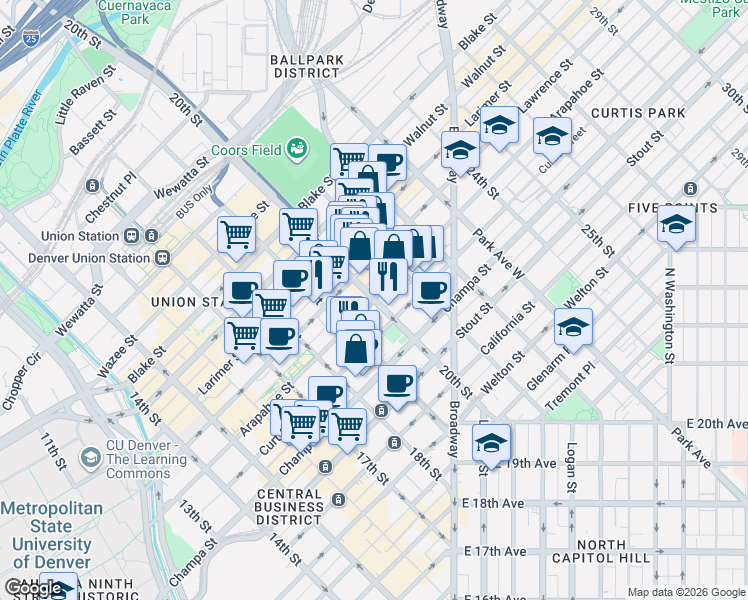 map of restaurants, bars, coffee shops, grocery stores, and more near 1998 Arapahoe St in Denver