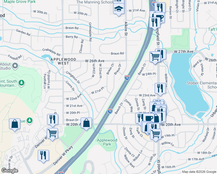 map of restaurants, bars, coffee shops, grocery stores, and more near 2192 Braun Court in Golden