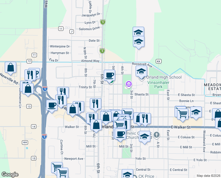 map of restaurants, bars, coffee shops, grocery stores, and more near 318 5th Street in Orland