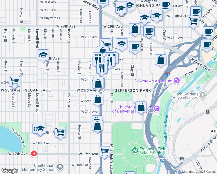 map of restaurants, bars, coffee shops, grocery stores, and more near 2939 West 23rd Avenue in Denver
