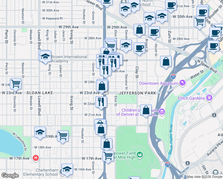 map of restaurants, bars, coffee shops, grocery stores, and more near 2939 West 23rd Avenue in Denver
