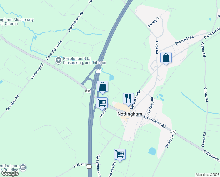 map of restaurants, bars, coffee shops, grocery stores, and more near 101 Ponds Edge Drive in Nottingham