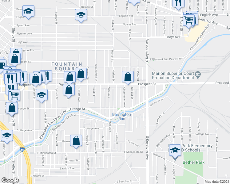 map of restaurants, bars, coffee shops, grocery stores, and more near 1128 Harlan Street in Indianapolis