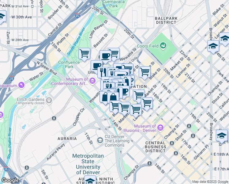 map of restaurants, bars, coffee shops, grocery stores, and more near in Denver