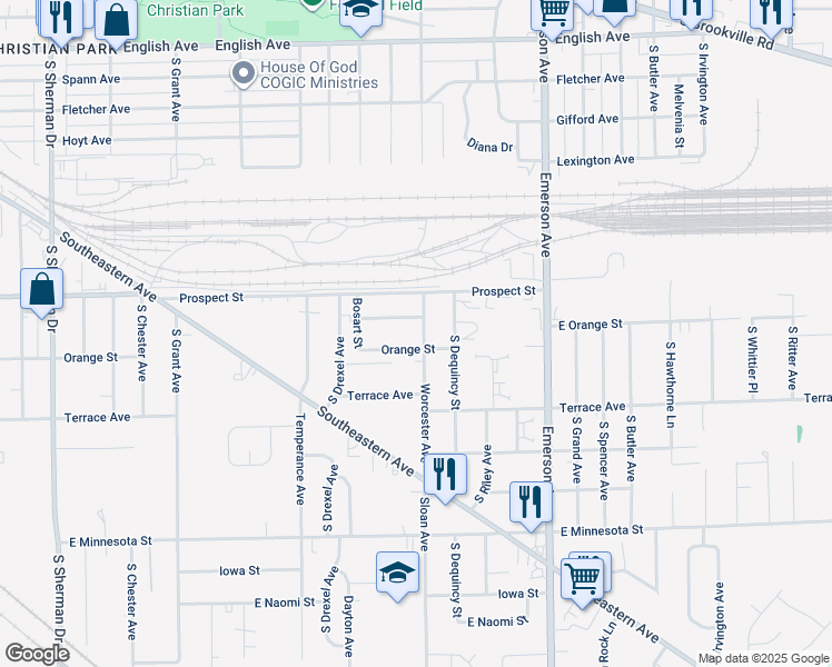 map of restaurants, bars, coffee shops, grocery stores, and more near 1122 Worcester Avenue in Indianapolis