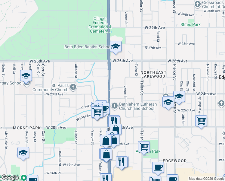 map of restaurants, bars, coffee shops, grocery stores, and more near 2310 Wadsworth Boulevard in Lakewood