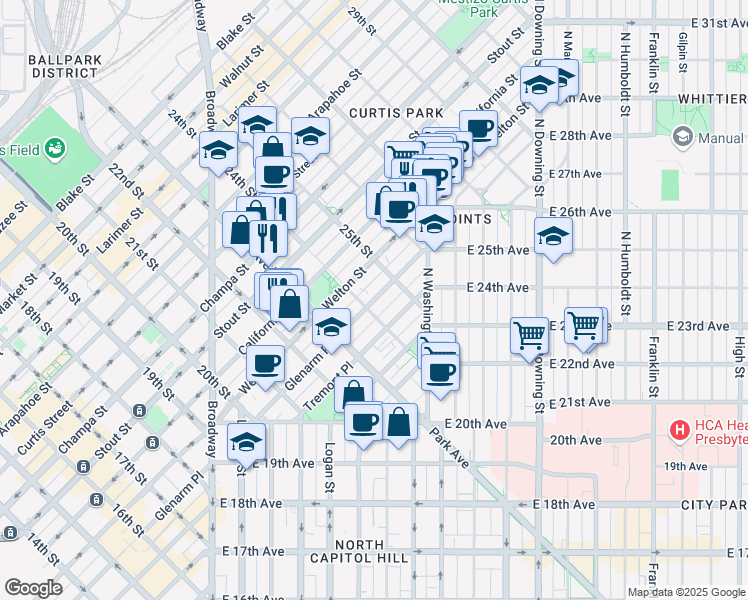 map of restaurants, bars, coffee shops, grocery stores, and more near 2417 Glenarm Place in Denver