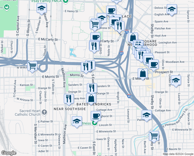 map of restaurants, bars, coffee shops, grocery stores, and more near 514 East Morris Street in Indianapolis