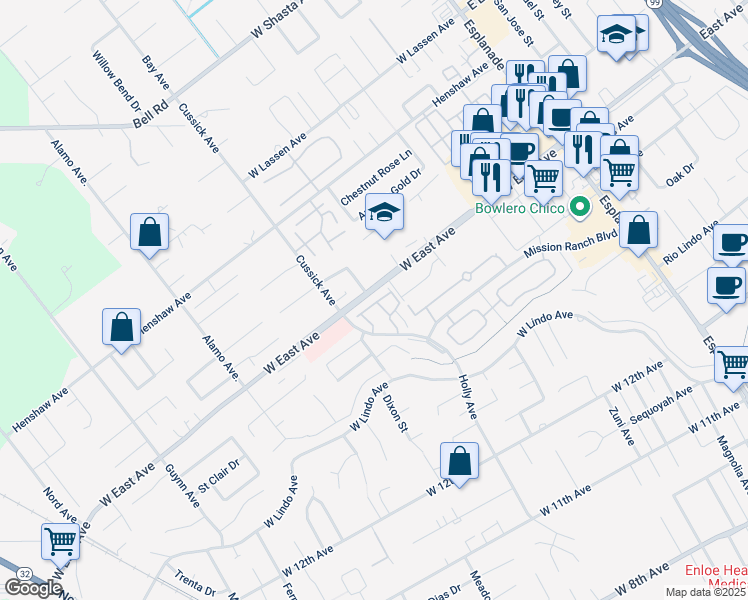 map of restaurants, bars, coffee shops, grocery stores, and more near 31 Pebblewood Pines Drive in Chico