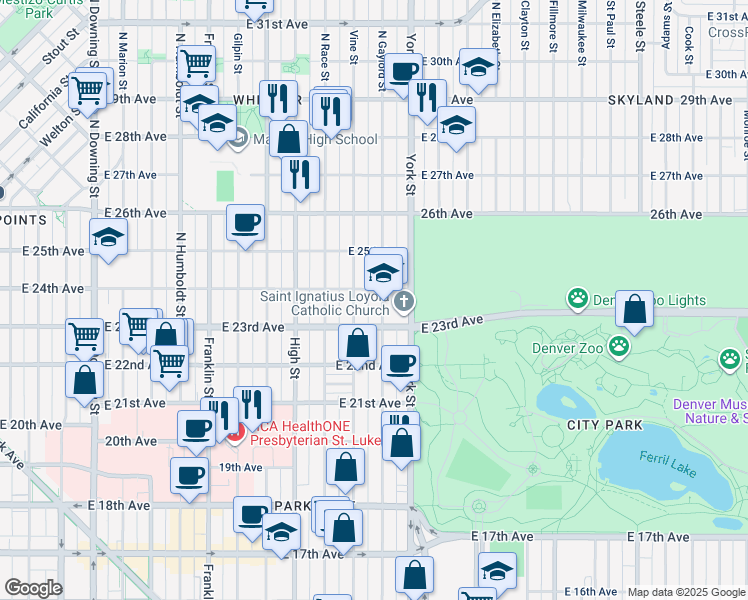 map of restaurants, bars, coffee shops, grocery stores, and more near 2341 North Gaylord Street in Denver
