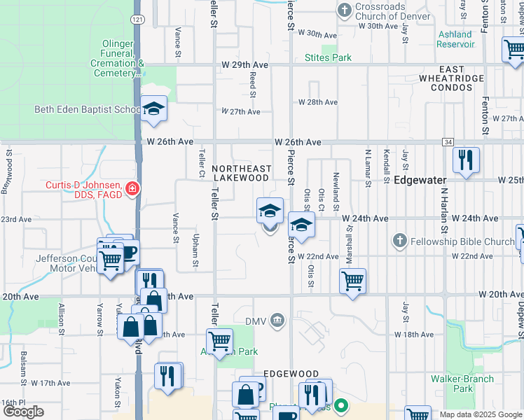 map of restaurants, bars, coffee shops, grocery stores, and more near 6911 West 24th Avenue in Edgewater