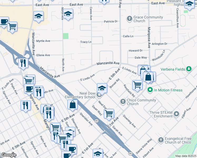 map of restaurants, bars, coffee shops, grocery stores, and more near 1537 Manchester Road in Chico