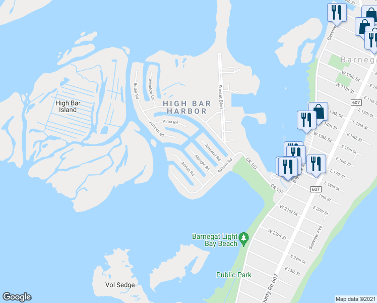 map of restaurants, bars, coffee shops, grocery stores, and more near 42 Albright Road in Long Beach