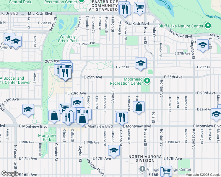 map of restaurants, bars, coffee shops, grocery stores, and more near 2323 Fulton Street in Aurora