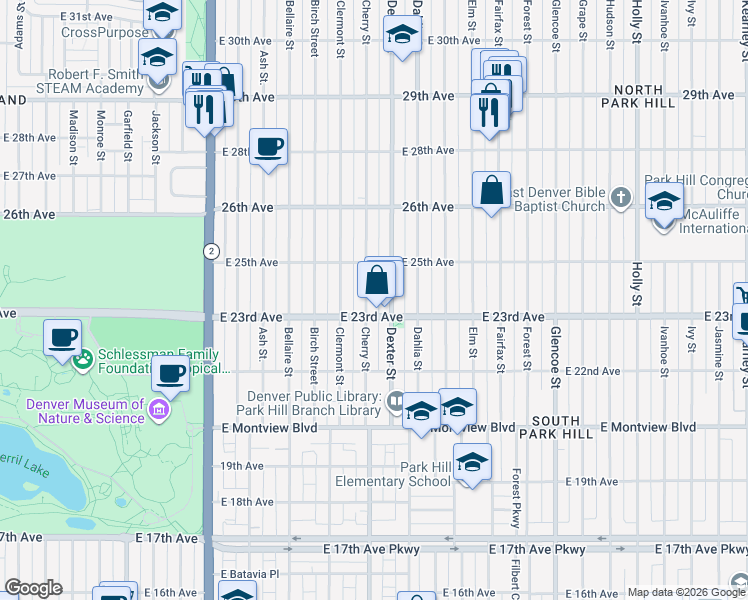 map of restaurants, bars, coffee shops, grocery stores, and more near 2300 Cherry Street in Denver