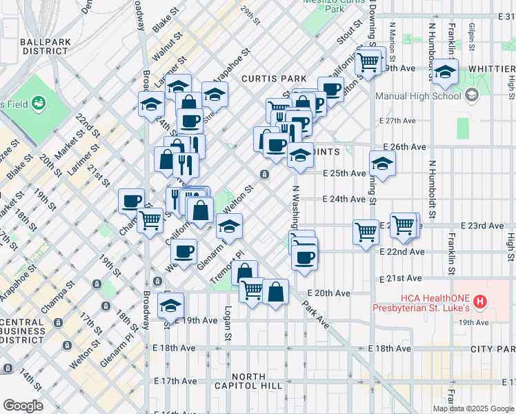 map of restaurants, bars, coffee shops, grocery stores, and more near 471 24th Street in Denver