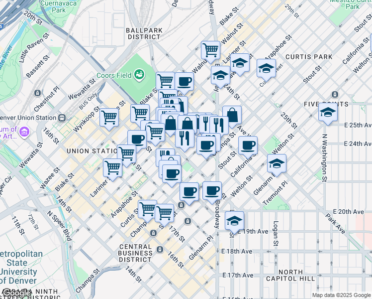map of restaurants, bars, coffee shops, grocery stores, and more near 2031 Curtis Street in Denver