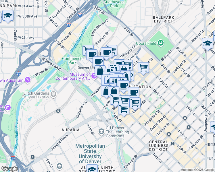 map of restaurants, bars, coffee shops, grocery stores, and more near in Denver