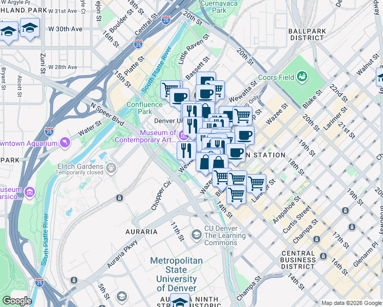 map of restaurants, bars, coffee shops, grocery stores, and more near in Denver