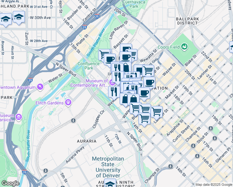 map of restaurants, bars, coffee shops, grocery stores, and more near in Denver