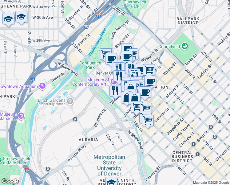 map of restaurants, bars, coffee shops, grocery stores, and more near 1422 Delgany Street in Denver
