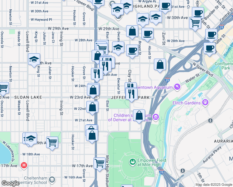 map of restaurants, bars, coffee shops, grocery stores, and more near 2811 West 23rd Avenue in Denver