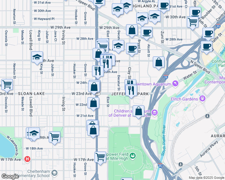 map of restaurants, bars, coffee shops, grocery stores, and more near 2811 West 23rd Avenue in Denver