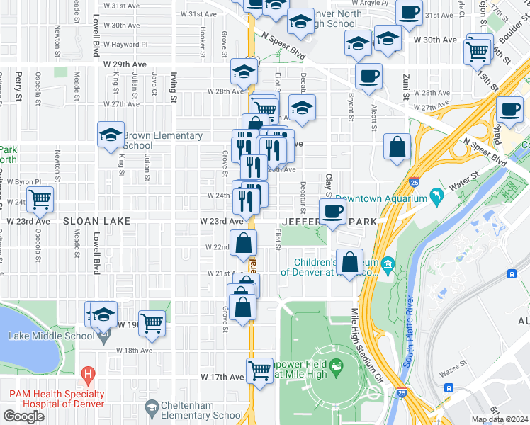 map of restaurants, bars, coffee shops, grocery stores, and more near 2939 West 23rd Avenue in Denver