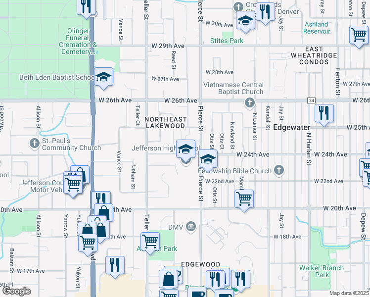 map of restaurants, bars, coffee shops, grocery stores, and more near 6911 West 24th Avenue in Edgewater
