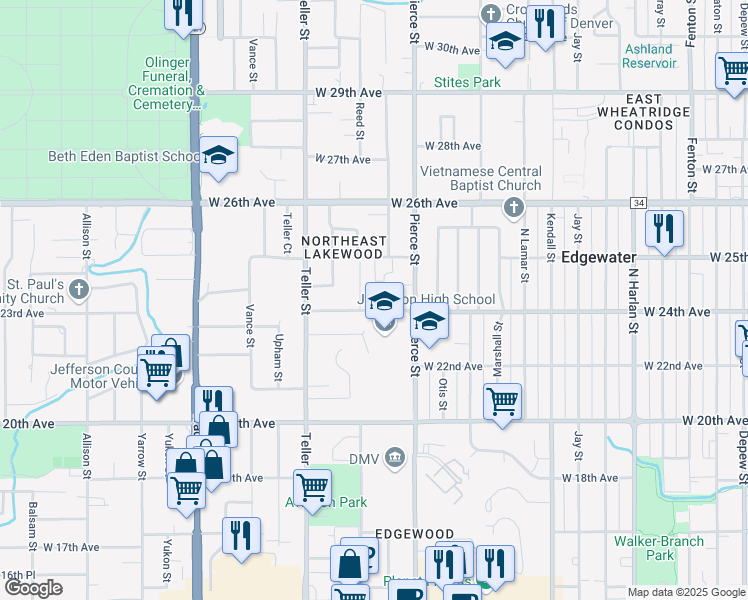 map of restaurants, bars, coffee shops, grocery stores, and more near 6911 West 24th Avenue in Edgewater