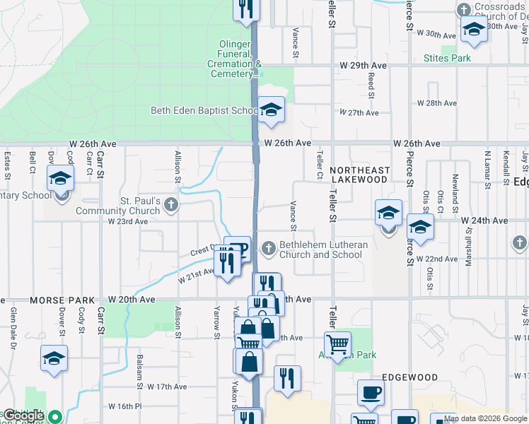 map of restaurants, bars, coffee shops, grocery stores, and more near 2310 Wadsworth Boulevard in Lakewood