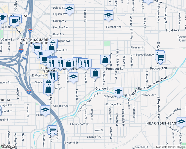 map of restaurants, bars, coffee shops, grocery stores, and more near 1125 Spruce Street in Indianapolis