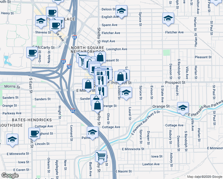 map of restaurants, bars, coffee shops, grocery stores, and more near 1123 Olive Street in Indianapolis
