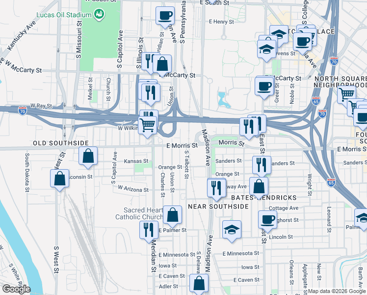 map of restaurants, bars, coffee shops, grocery stores, and more near 59 East Morris Street in Indianapolis