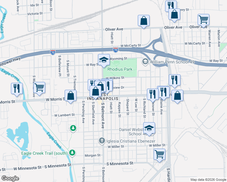 map of restaurants, bars, coffee shops, grocery stores, and more near 1130 Kappes Street in Indianapolis